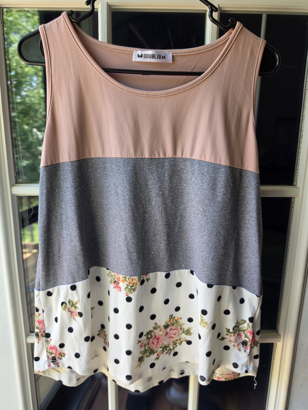 Doublju Pink Gray White Floral Polka Dot Sleeveless Tank